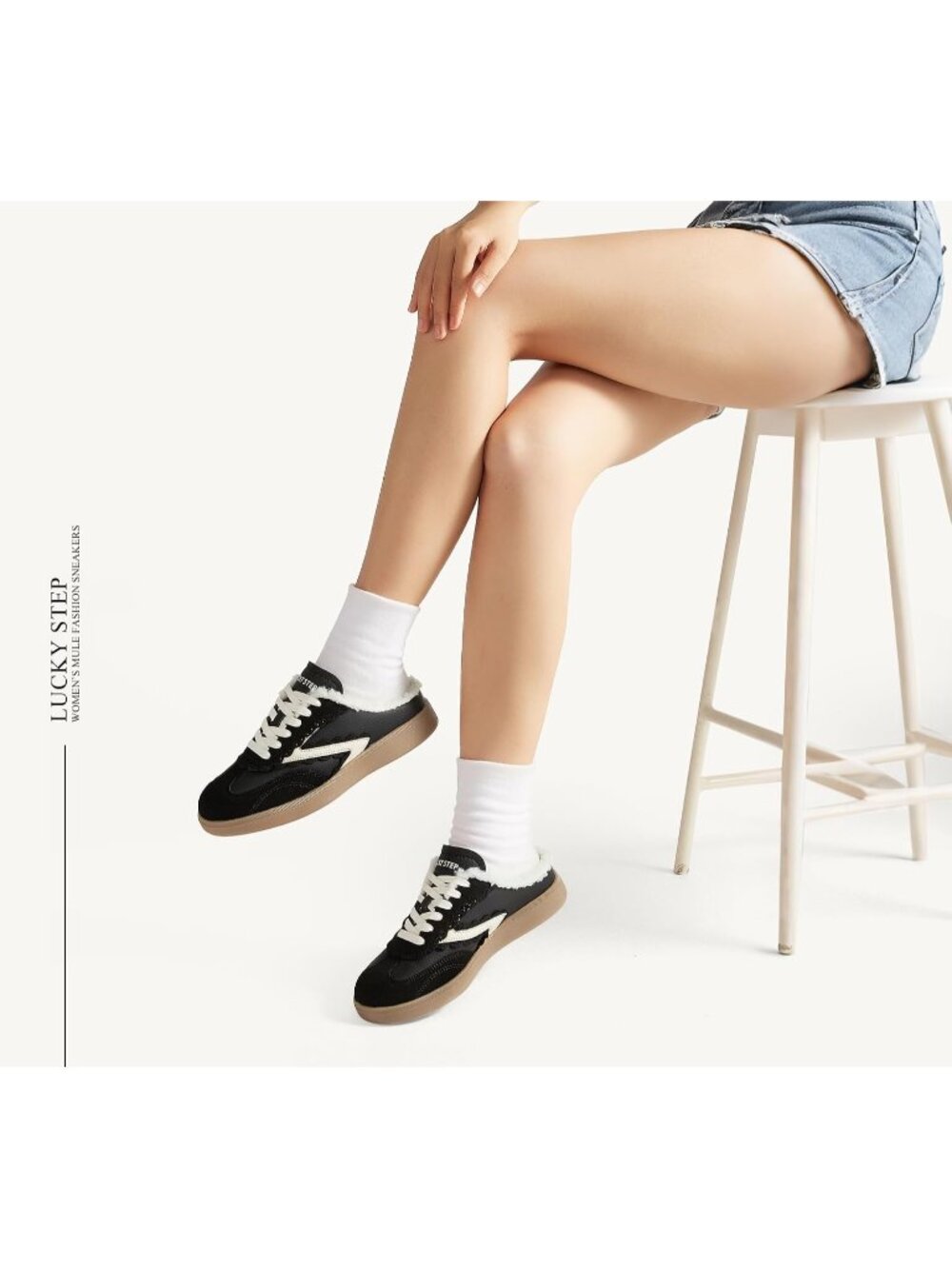 Women’s Black/White Fashion Backless Casual Open Back Non Slip Retro Sneakers - Picture 2 of 6